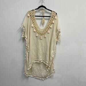 Boho Sheer Hi-Lo Cover Up with Crochet & Tassel Trim Ivory OS